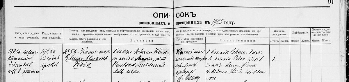 Karksi congregation, birth register for 1925, page 91. Elmar’s entry, first on the page, records his birth in December 1925 and baptism in April 1926. Estonian 