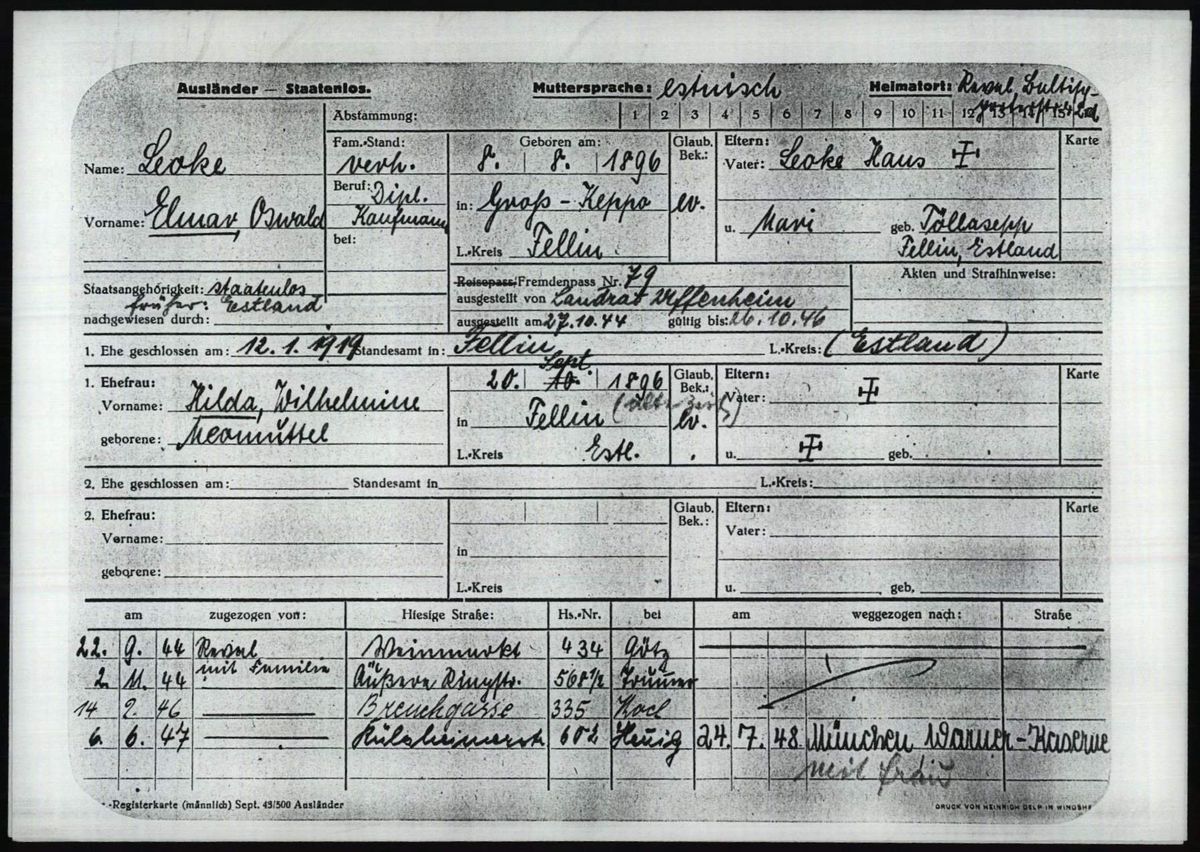 Elmar Oswald Leoke’s Windsheim registration card: born 8 August 1896 at Groß-Keppo (Suure-Kõpu), parents Hans and Mari née Tõllasepp, married Hilda Wilhelmine o