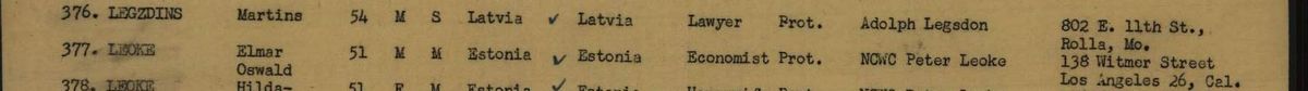 Emigration list naming Elmar Oswald Leoke (economist) and Hilda Wilhelmine Leoke (housewife), both listed as 51, sponsored by Peter Leoke of Los Angeles. A late