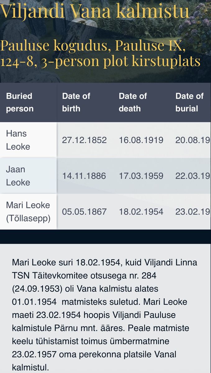 The grave record on kalmistud.ee, Estonia’s national grave register.
