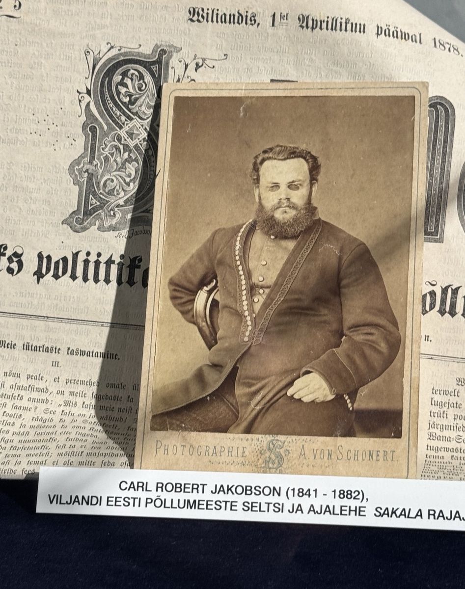 Carl Robert Jakobson, whose ideas Hans supported, with an 1878 issue of his newspaper Sakala, which Hans wrote for while schoolmaster at Arumetsa. Viljandi Muse