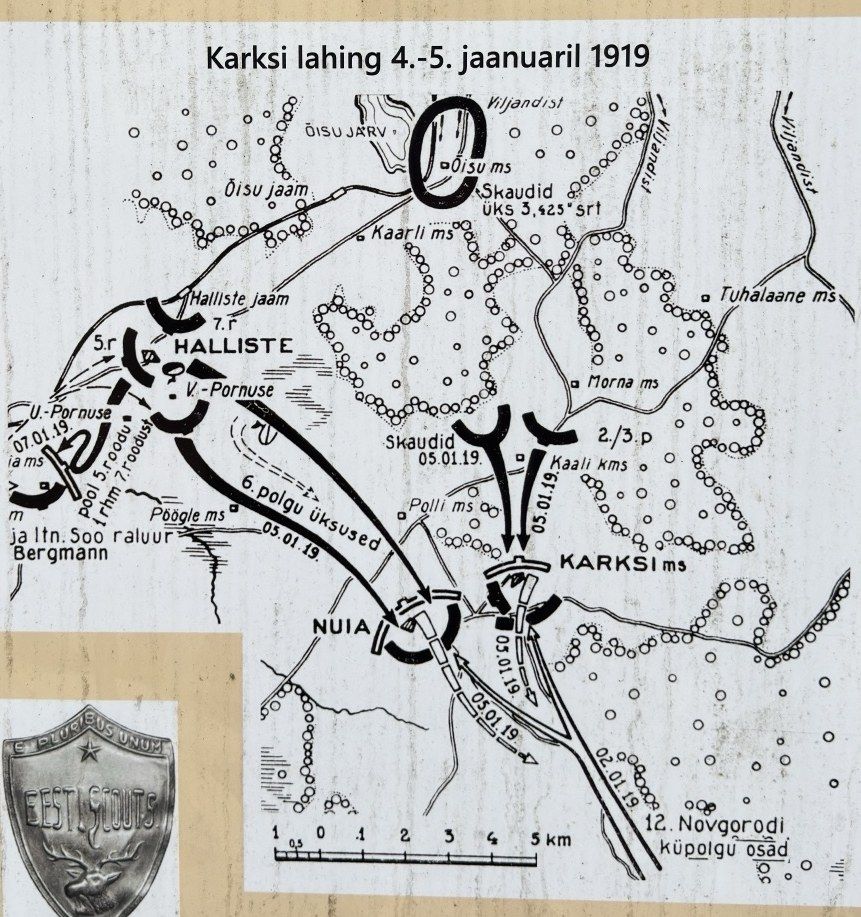 The battle of Karksi, 4–5 January 1919, on a map that covers the Koiks’ home district: Õisu, Halliste, Polli, Nuia and Karksi manor. Information board, Karksi.