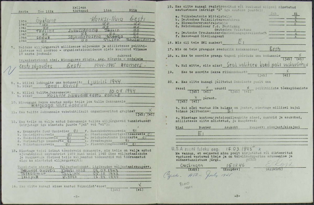 Elmar’s 1946 questionnaire, recording his wounding at Vaivara and his hospitals. Arolsen Archives.