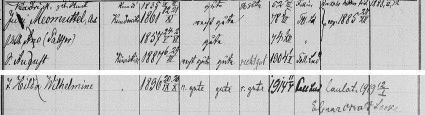 Jüri Meomüttel, his wife Ann née Paltser and son August (top), and Hilda Wilhelmine with the note of her marriage to Elmar Oswald Leoke (bottom). EAA.1290.1.557