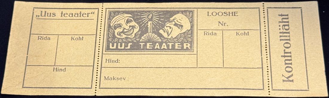 A ticket for Viljandi’s “Uus teater” (New Theater), with spaces for box, row, seat and price, from the museum’s display on the town’s cultural life. The Leoke s