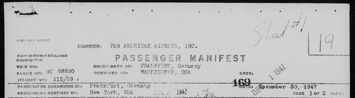 The header of the Pan American Airways passenger manifest for Pilvi’s flight, Frankfurt, 30 November 1947. US National Archives.
