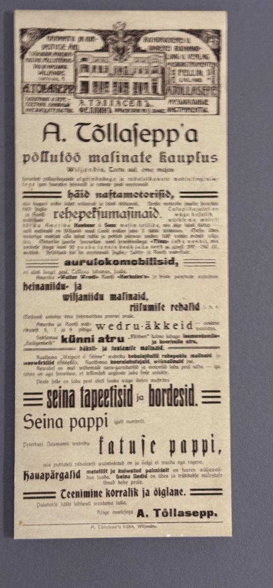 An advertisement for Ado Tõllasepp’s shop “in his own house” on Tartu street: Tartu 9, the building shown in its header. Mari’s brother printed much of what Han