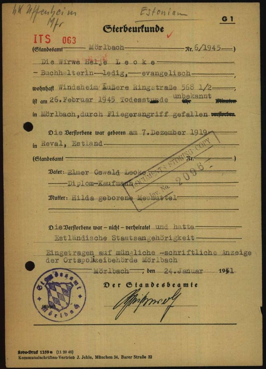 Virve’s death certificate, Mörlbach registry no. 6/1945, issued 24 January 1951. Arolsen Archives.