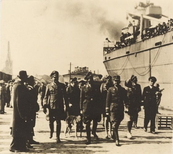 General Commissioner Litzmann and his staff going to the ship in Tallinn harbor, September 1944, probably the Wartheland on 20 September. The photograph illustr