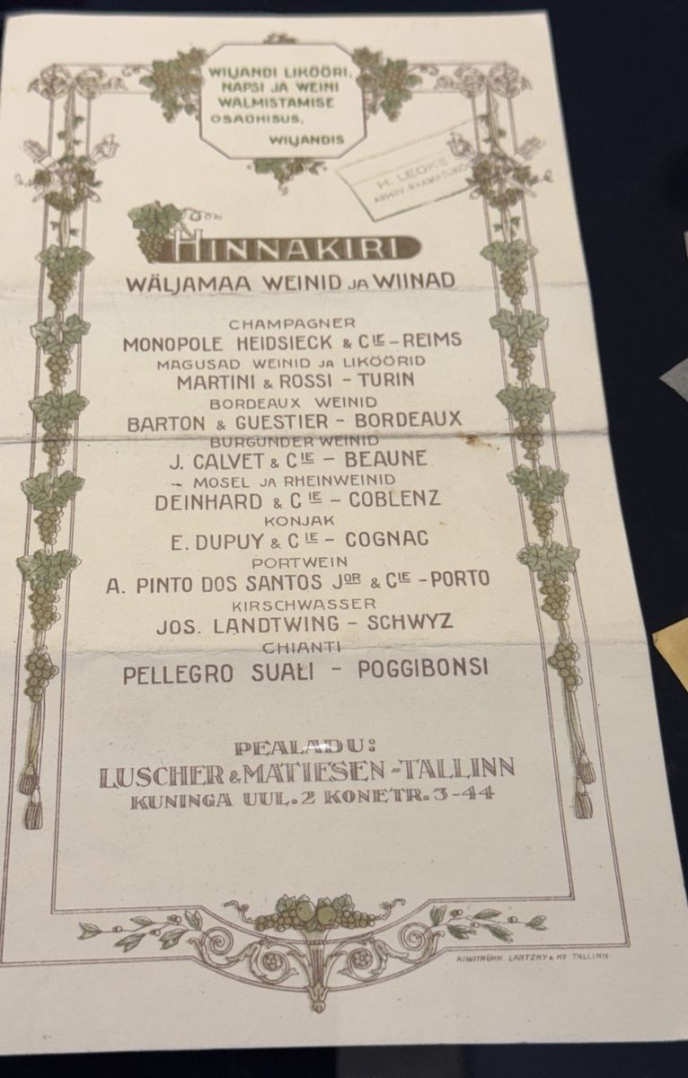 A 1920s price list of the Viljandi liqueur and wine company, with the Leoke archive stamp. Viljandi Museum.