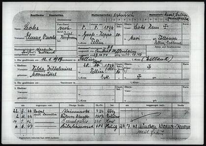 Elmar Oswald Leoke’s Windsheim registration card: born 8 August 1896 at Groß-Keppo (Suure-Kõpu), parents Hans and Mari née Tõllasepp, married Hilda Wilhelmine o