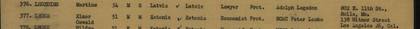 Emigration list naming Elmar Oswald Leoke (economist) and Hilda Wilhelmine Leoke (housewife), both listed as 51, sponsored by Peter Leoke of Los Angeles. A late