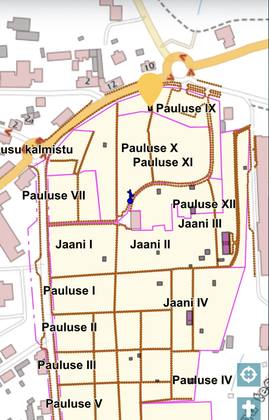 The plot (yellow pin) in Pauluse section IX, at the northern edge of the cemetery.