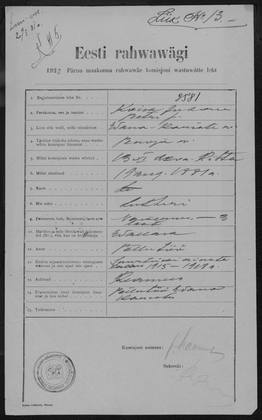 Juhan Koik’s intake sheet, Pärnu County People’s Army commission, November 1920: son of Peeter, born 19 August 1881, living at Penuja, farm laborer, married wit