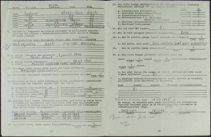 Elmar’s 1946 questionnaire, recording his wounding at Vaivara and his hospitals. Arolsen Archives.