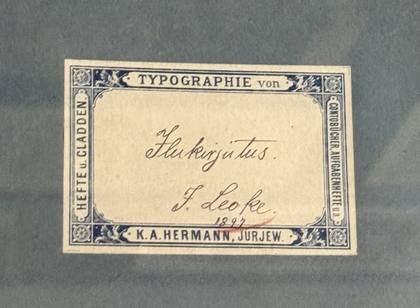 “Ilukirjutus. J. Leoke 1897”: almost certainly Jaan’s penmanship copybook from when he was ten, made by K. A. Hermann of Jurjew (Tartu). Viljandi Museum.