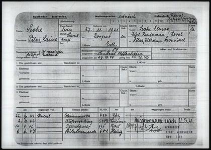 Pilvi Laine Leoke’s card: born 27 November 1921 in Dorpat (Tartu), single, typist. The note on the right reads “emigrated to U.S.A.” Arolsen Archives.