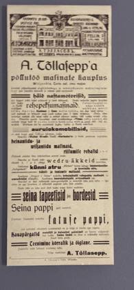 Printed advertisement, “A. Tõllasepp’a põllutöö masinate kauplus”, with a drawing of the building in the header.