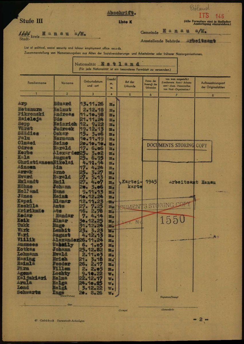 Scan of Elmar Koik: Hanau labor office list (ITS 146)
