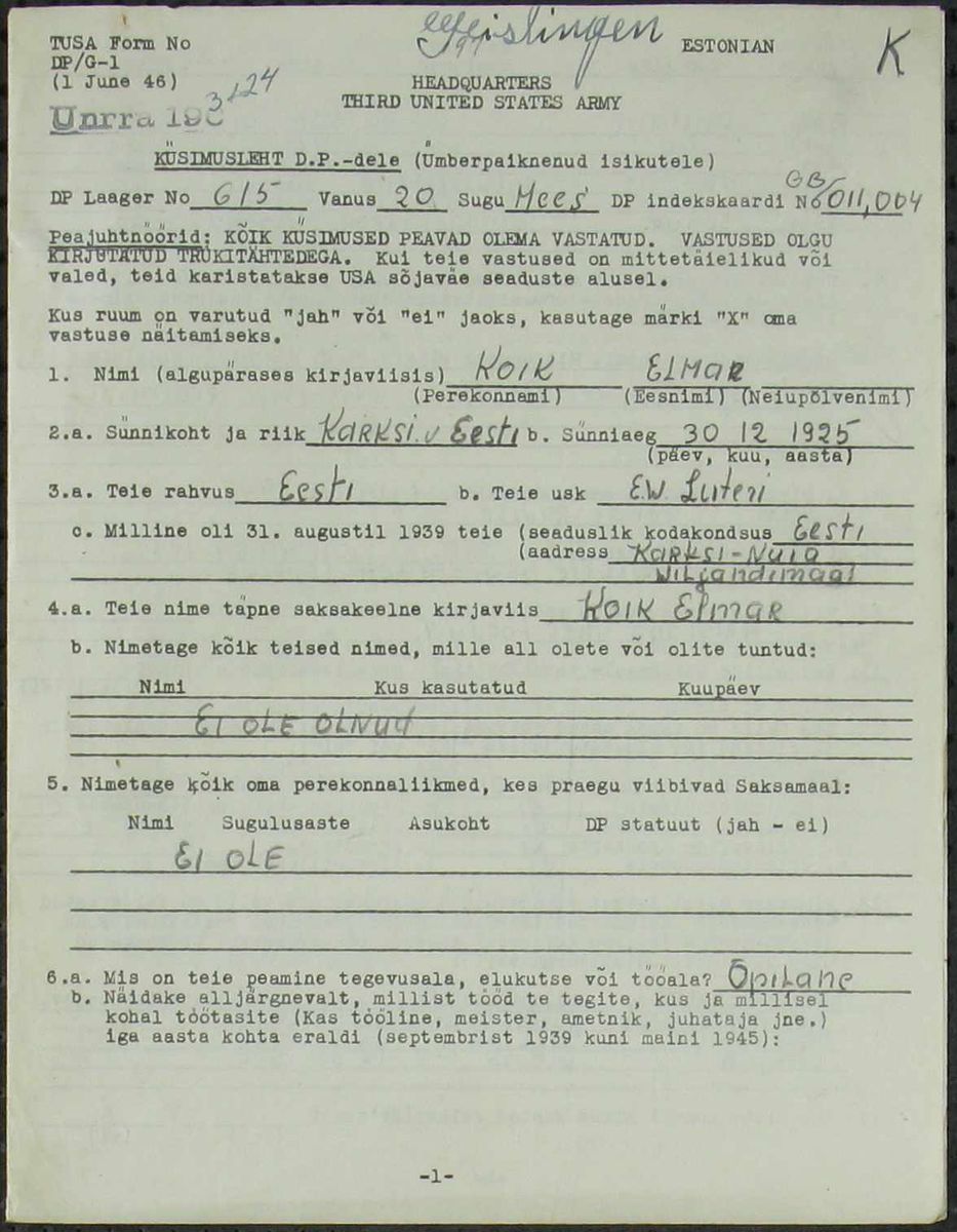 Scan of Elmar Koik’s 1946 questionnaire