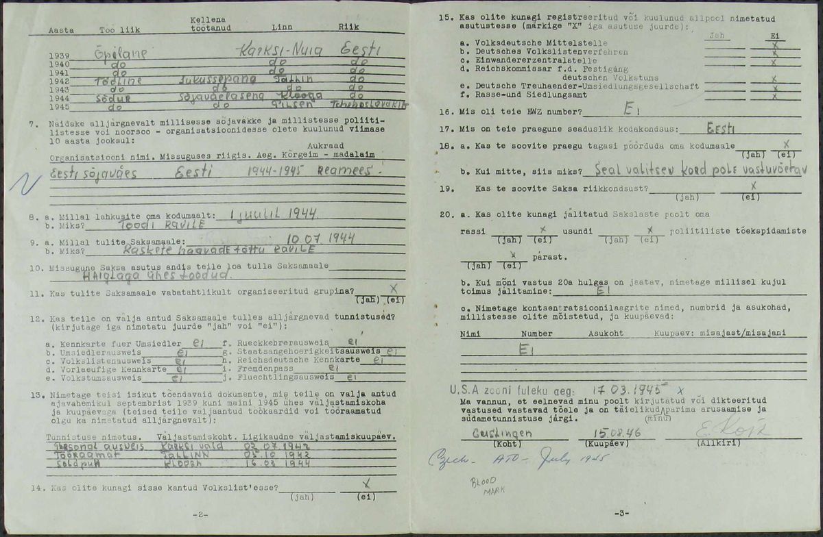 Scan of Elmar Koik: DP questionnaire pp2-3, wounded at Vaivara, hospitals