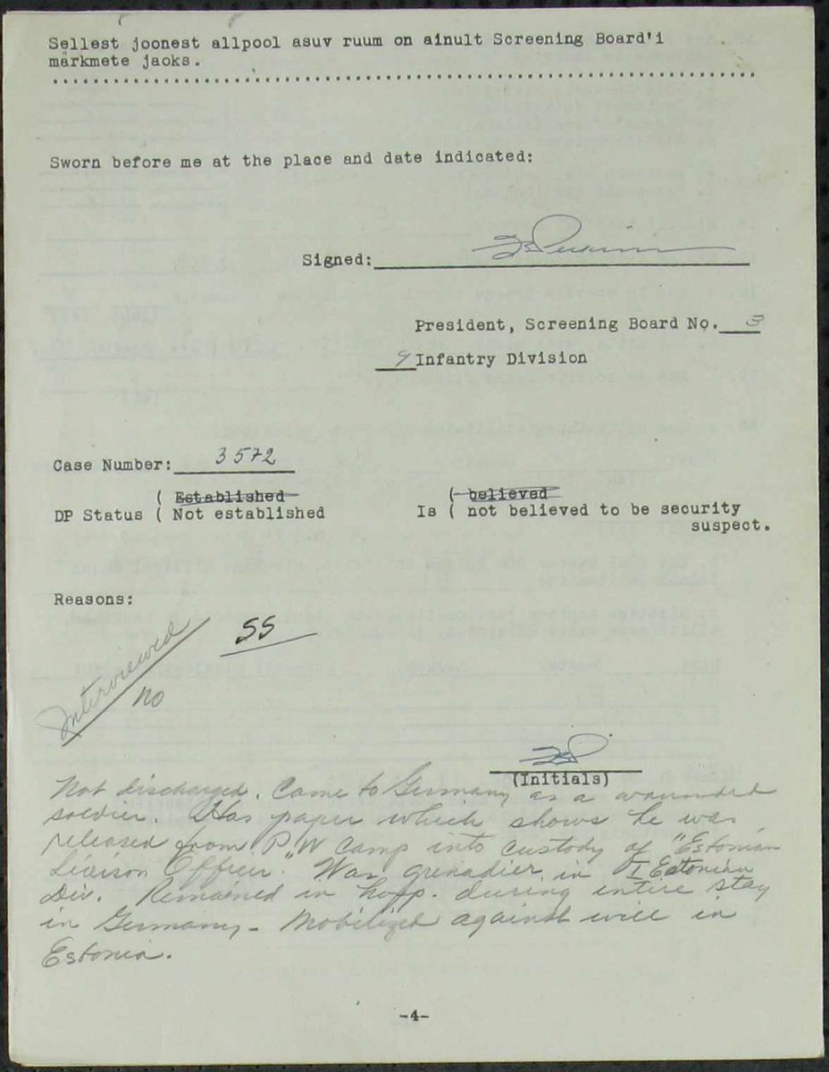 Scan of Elmar Koik: DP questionnaire p4, screening board notes