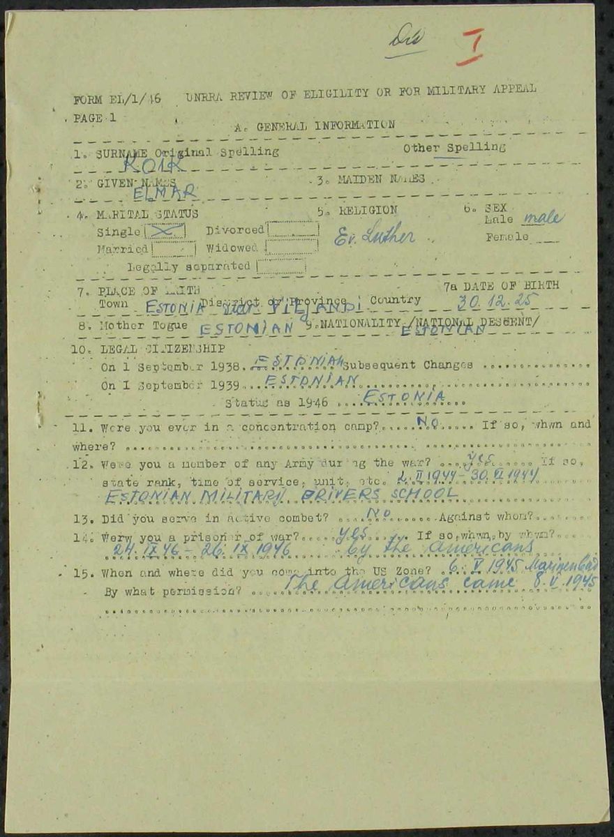 Scan of Elmar Koik: UNRRA eligibility review p1