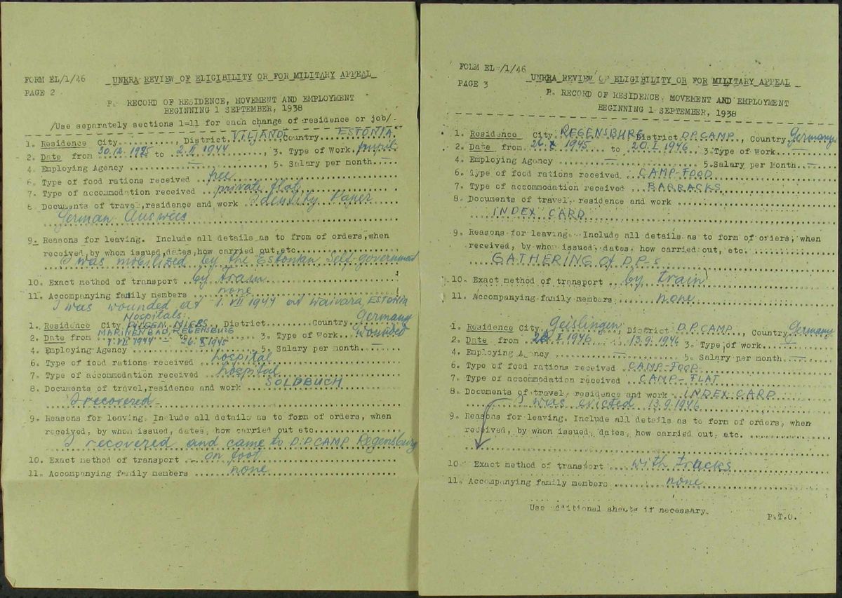 Scan of Elmar Koik: UNRRA review pp2-3, Viljandi, hospitals, Regensburg, Geislingen
