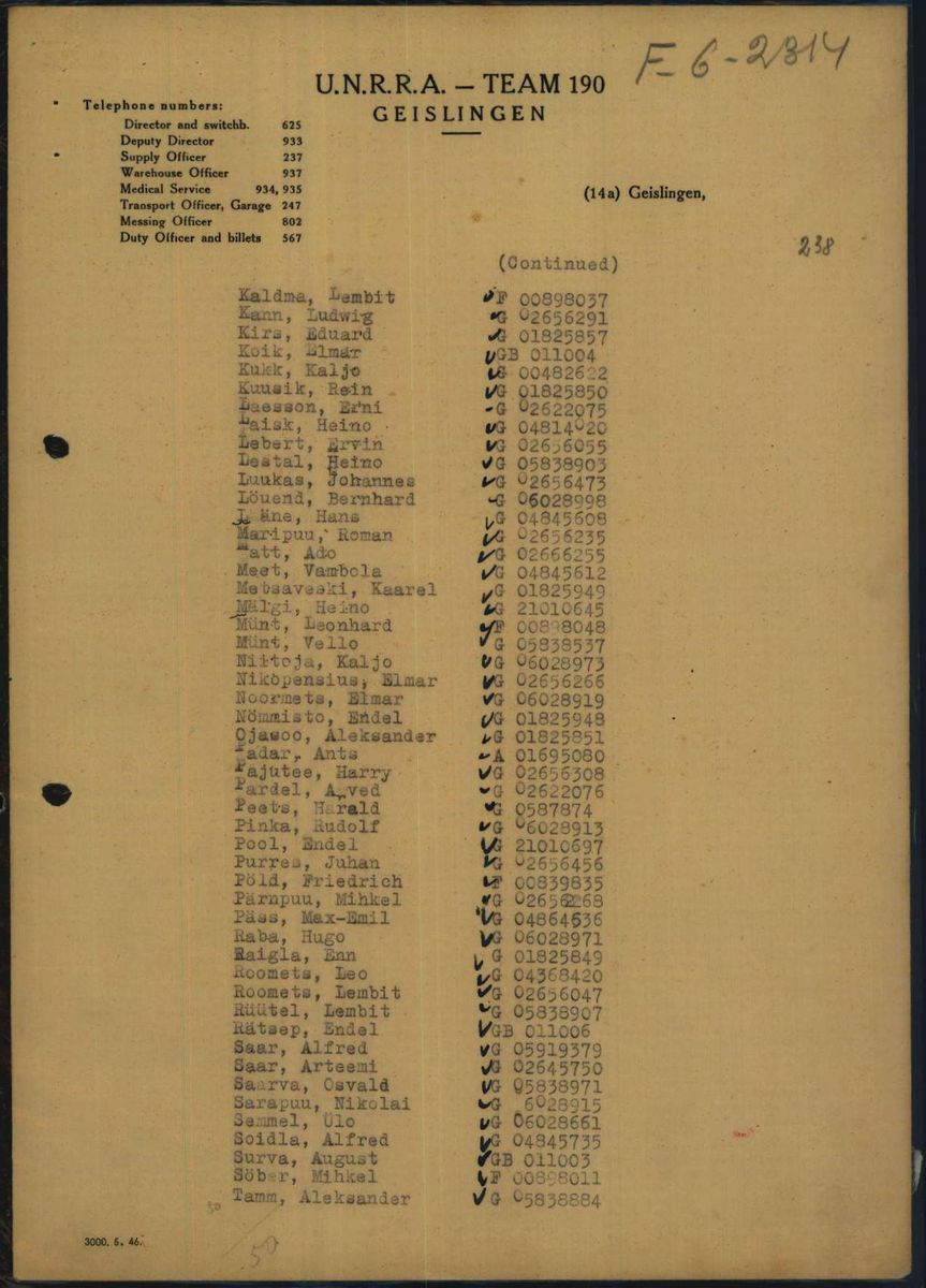 Scan of Elmar Koik: UNRRA Team 190 Geislingen camp list