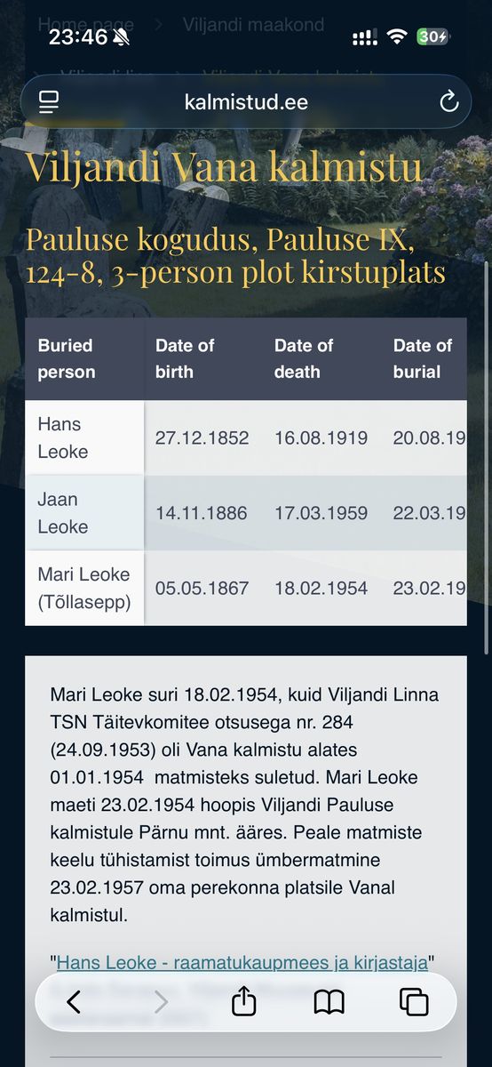 Scan of Viljandi Old Cemetery: grave record Hans, Mari, Jaan Leoke (kalmistud.ee)