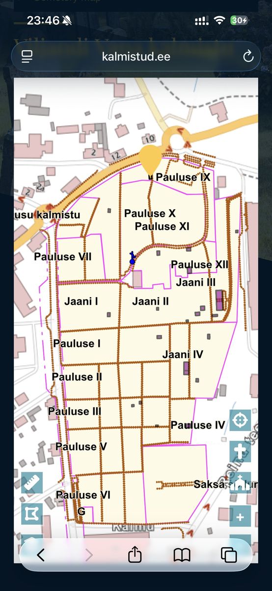 Scan of Viljandi Old Cemetery: map, Pauluse IX plot 124-8