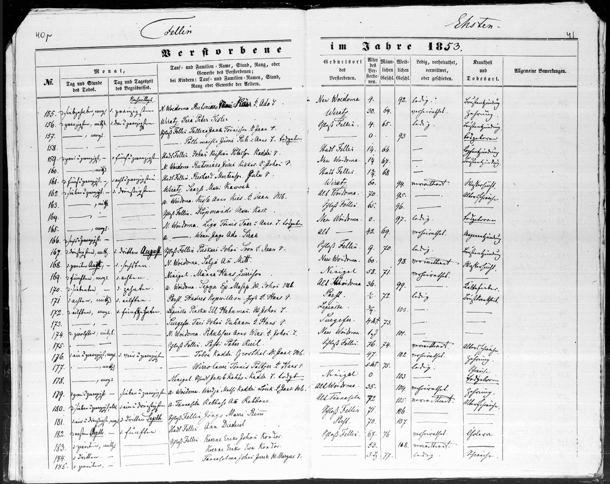 Scan of Viljandi deaths 1853 pp40r-41: No 179 Kaddri Louk, d. 22 Aug 1853 aged 35 (EAA.1290.1.67)