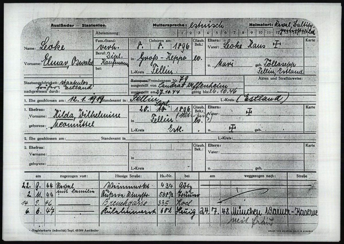 Scan of Elmar Oswald Leoke’s Windsheim registration card