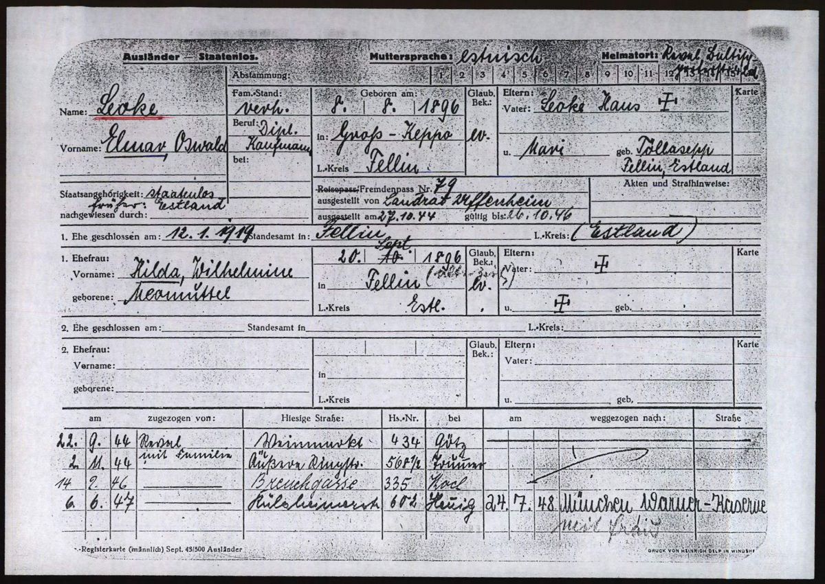 Scan of Elmar Oswald Leoke: registration card, front (copy 2)
