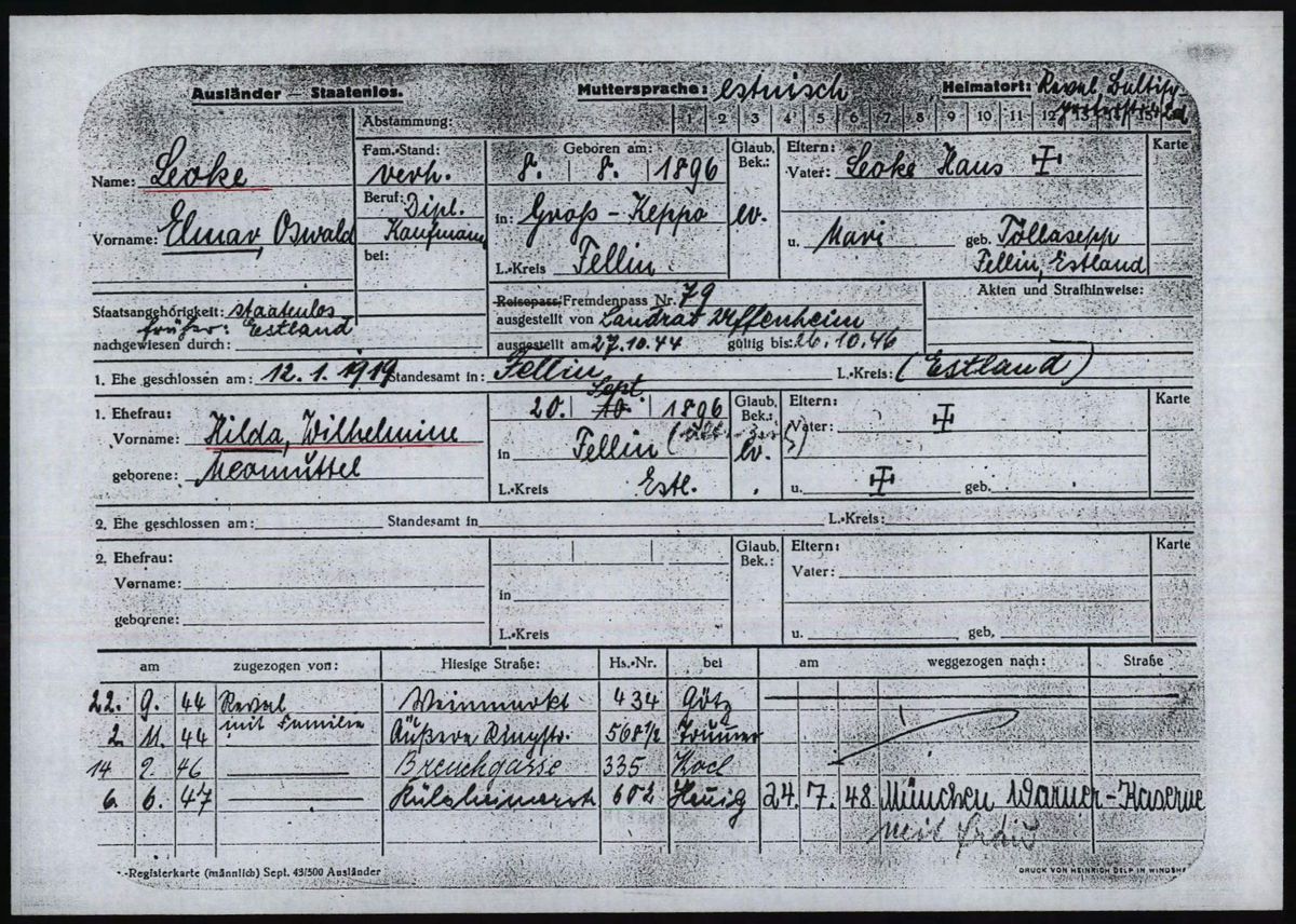 Scan of Elmar Oswald Leoke: registration card, front (copy 3)