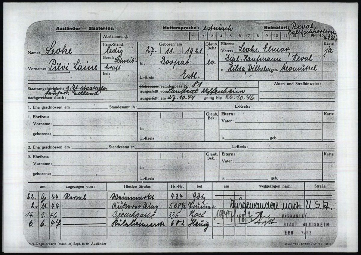 Scan of Pilvi Laine Leoke’s Windsheim registration card