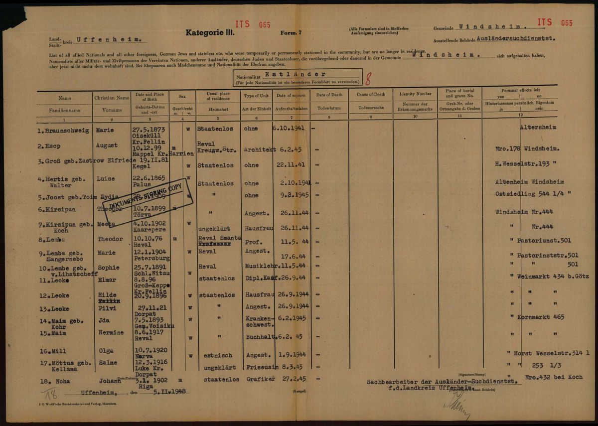 Scan of Windsheim list of departed foreigners, 1948: Elmar, Hilda, Pilvi (ITS 065)