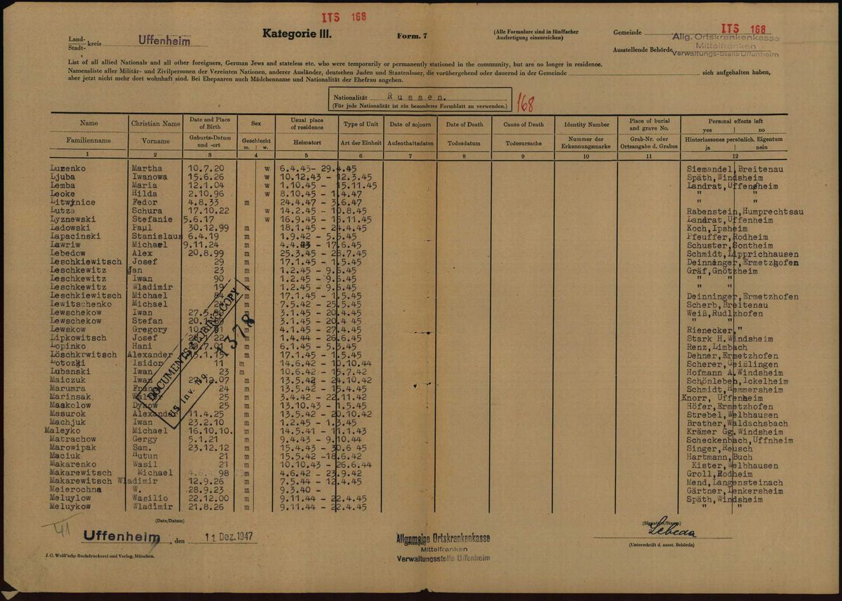 Scan of Uffenheim health-insurance list: Hilda employed by Landrat 1945-47 (ITS 168)