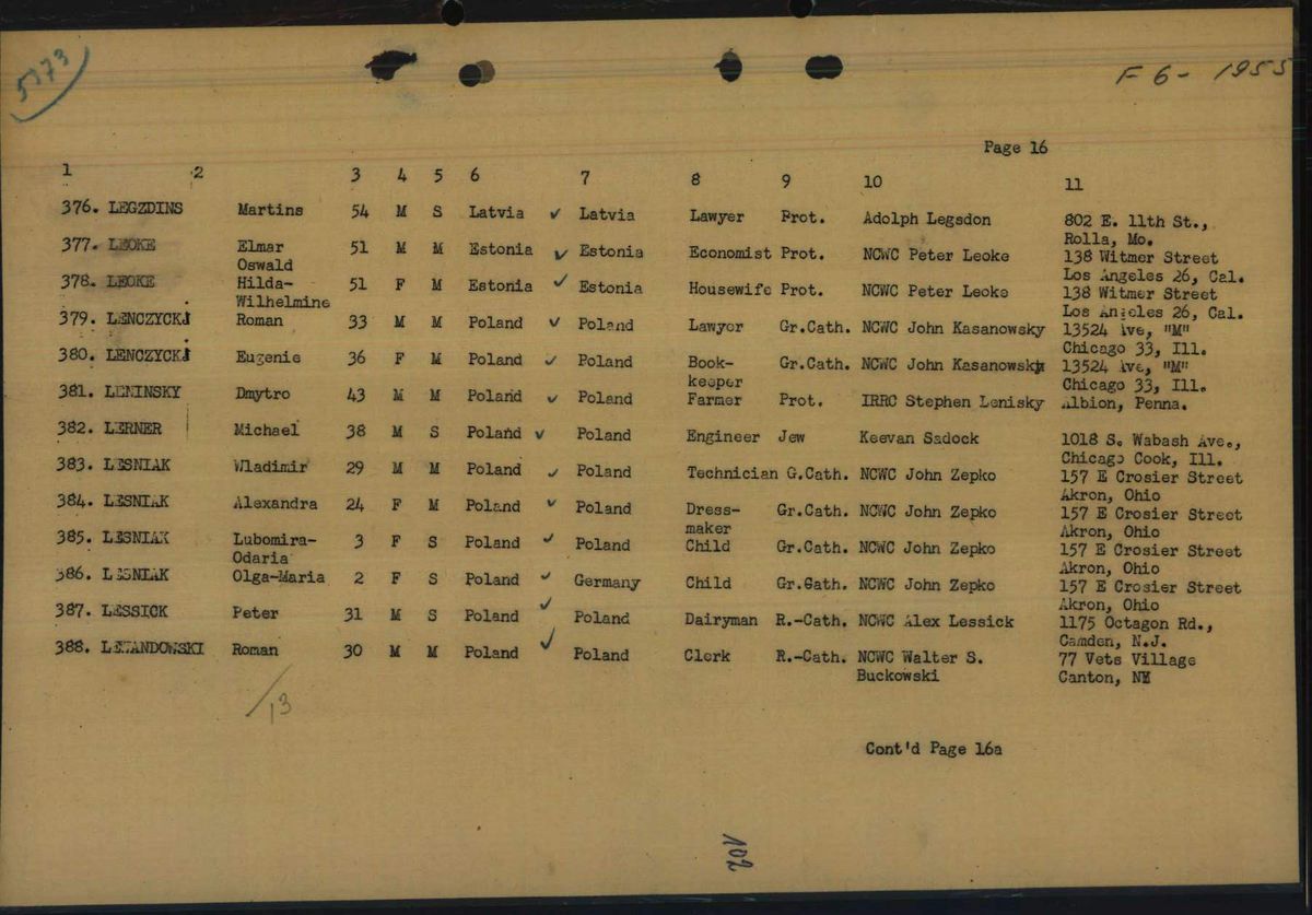 Scan of US emigration list naming Elmar Oswald and Hilda Leoke