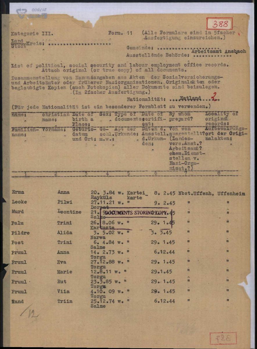 Scan of Ansbach labor office list 1945: Pilwi Leoke