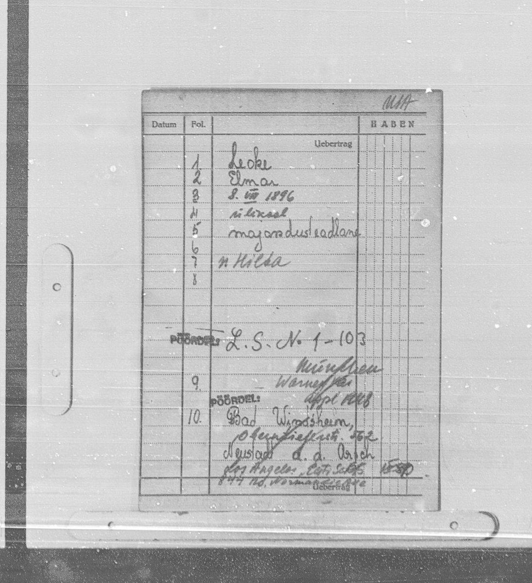 Scan of Elmar Leoke: b. 8.VIII.1896, married, economist (majandusteadlane), wife Hilda; "L.S. No 1-103"; Munich Warner-Kaserne Apr 1948; Bad Windsheim, Oberntiefer(?) Str. 562, Neustadt a.d. Aisch; Los Angeles 1950 (ERA.4942.4.8 img 1873)