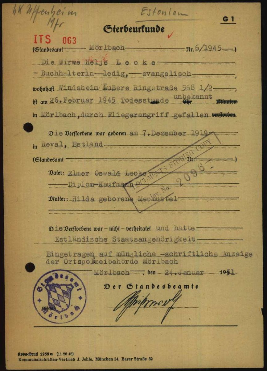 Scan of Virve Leoke’s death certificate