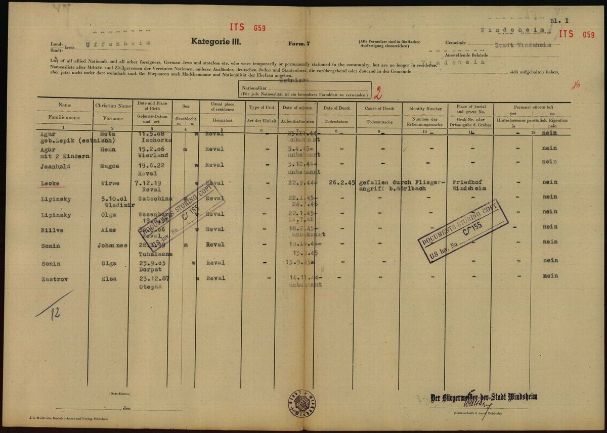 Scan of Windsheim departed list: Virve, buried Windsheim cemetery (ITS 059)