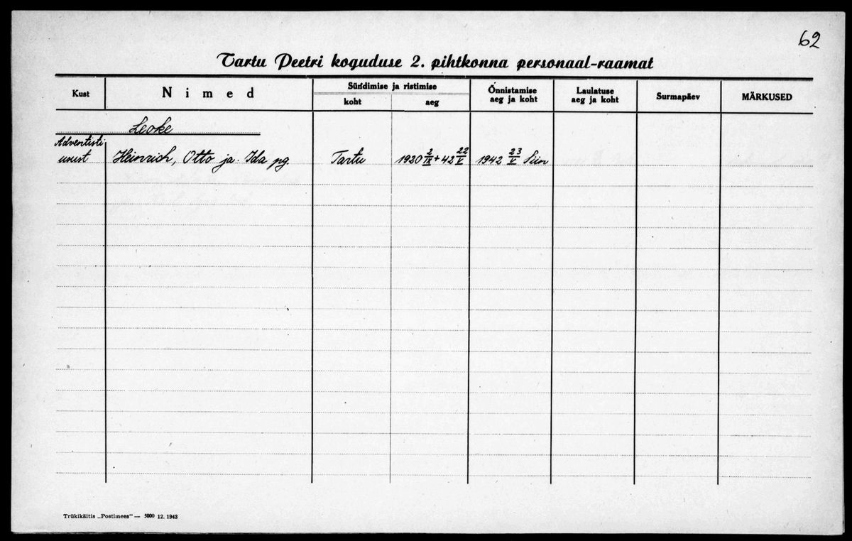 Scan of Tartu Peetri household: Alma Leoke nee Sankovski
