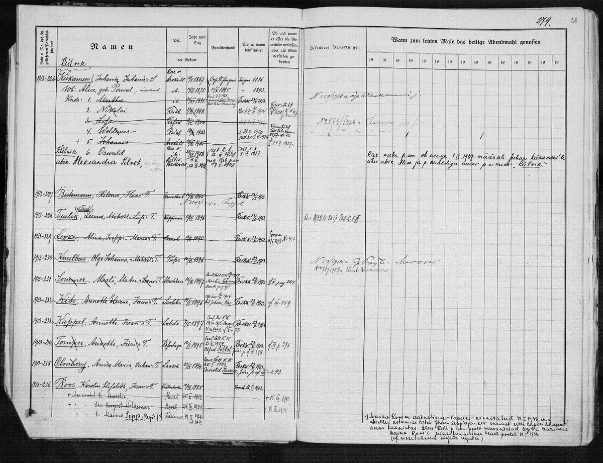 Scan of Tallinn congregation book p279: Aline Leoke, daughter of Joosep, b. 1895, to Torma 1918 (TLA.1359.2.44 img 30)