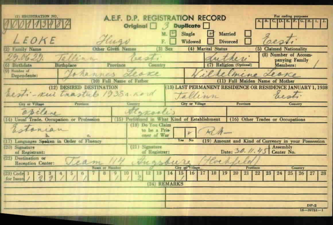 Scan of Hugo Leoke: DP registration card 1945 (born Tallinn 1929, father Johannes)