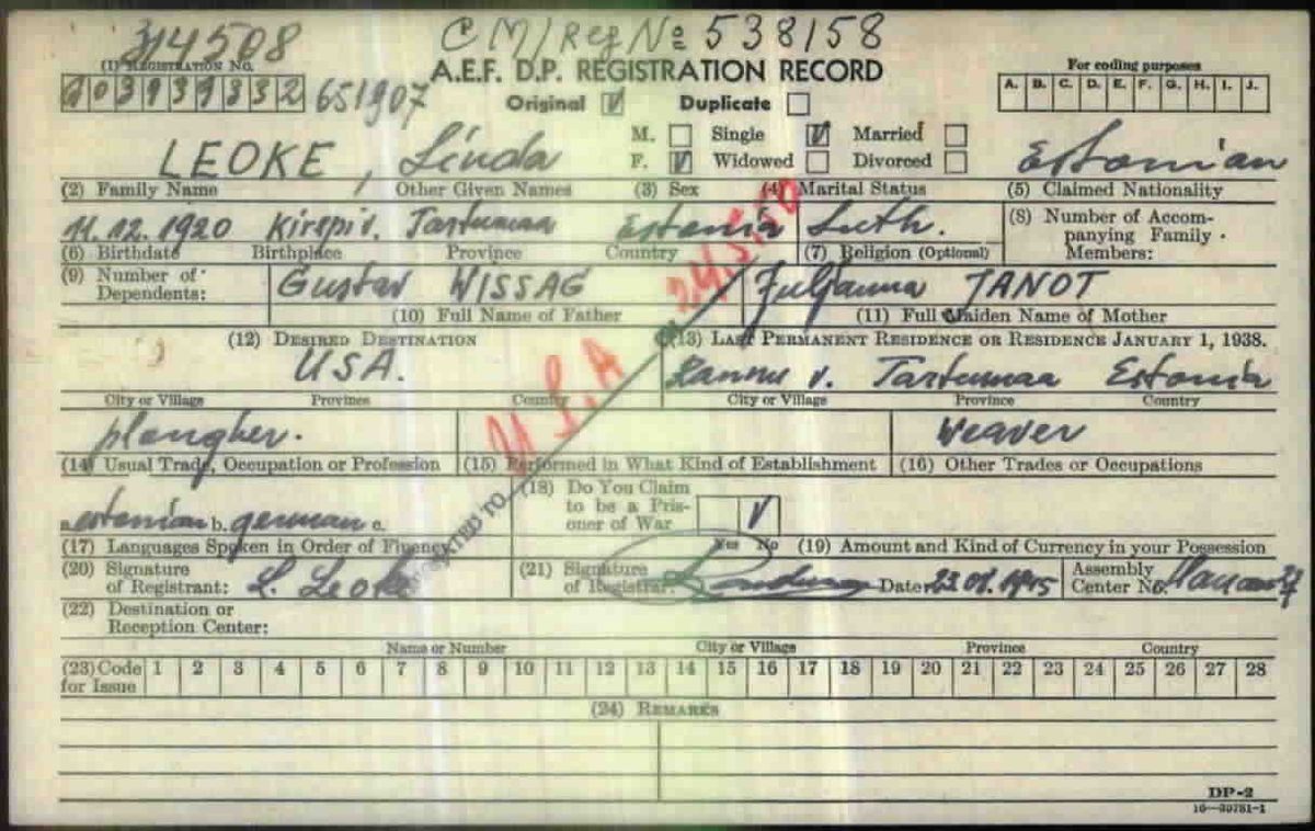 Scan of Linda Leoke: DP registration card, original