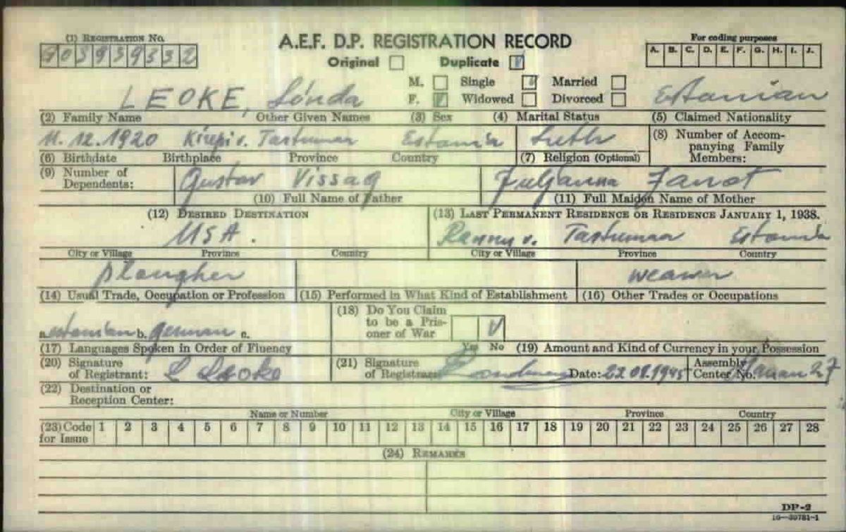Scan of Linda Leoke: DP card, duplicate 2