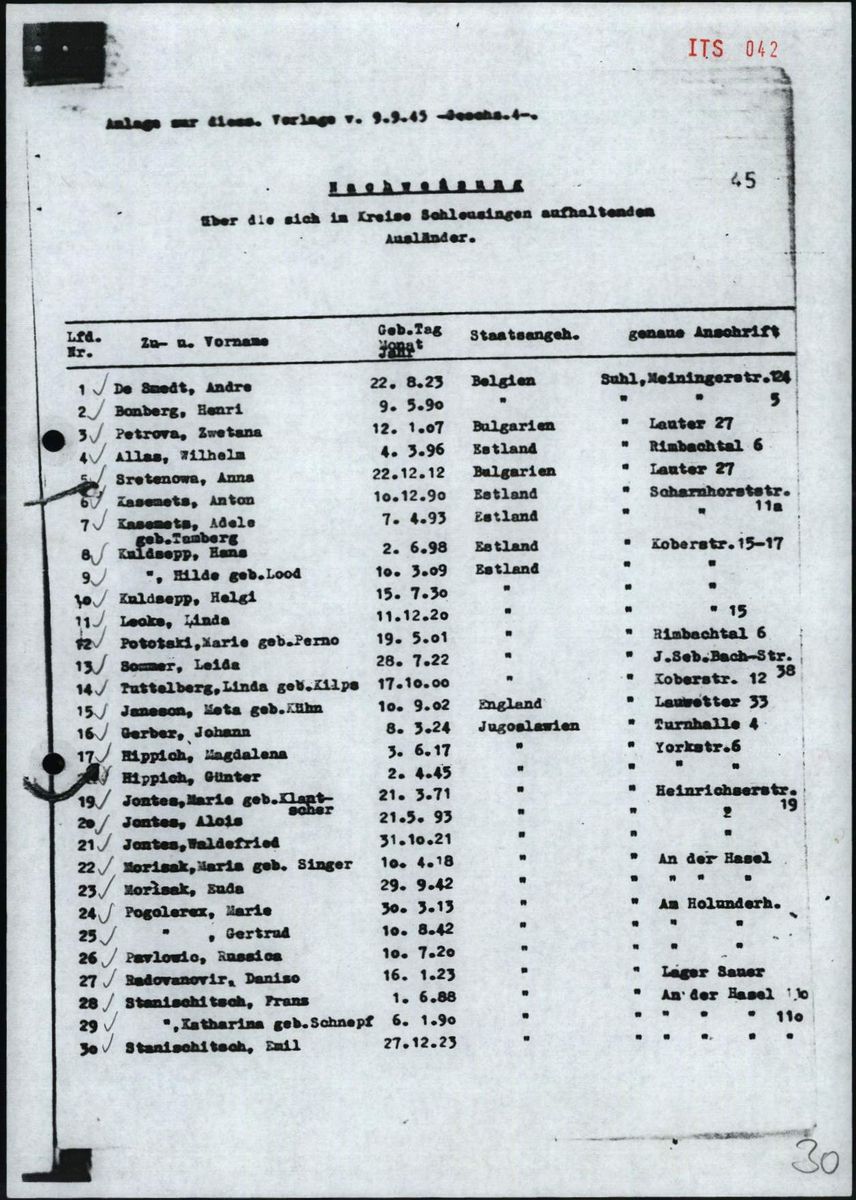 Scan of Linda Leoke: Schleusingen foreigners list 1945 (scan)