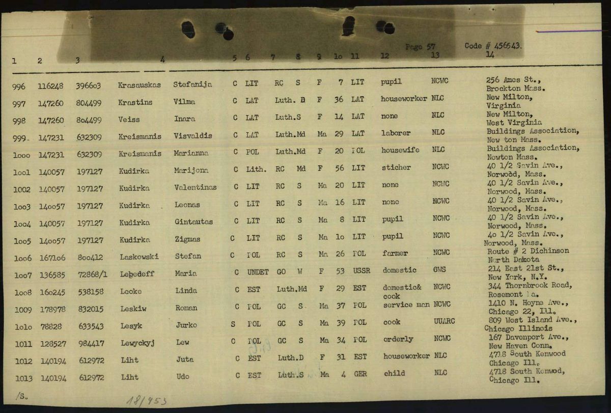 Scan of Linda Leoke: IRO list p57, destination Rosemont, Pa.